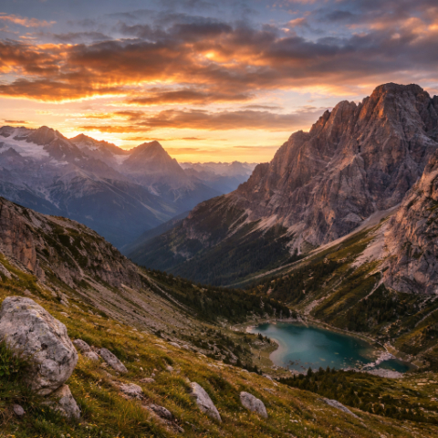 Panorama delle Dolomiti con vette rocciose e luce radente